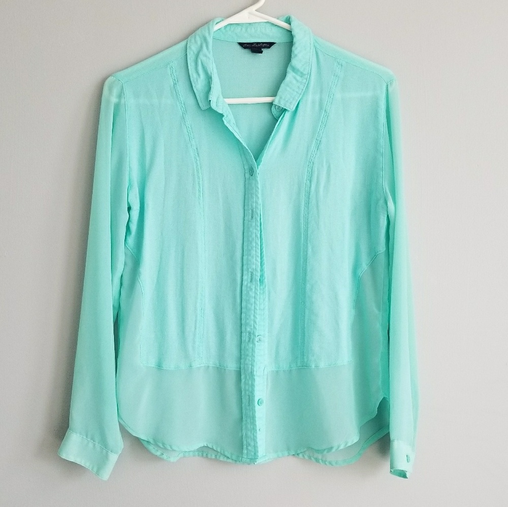 American Eagle Outfitters Mint Green Sheer Button Down Top